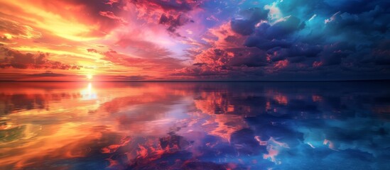 Vibrant and colorful sunset scene over the ocean with fluffy clouds on a summer evening