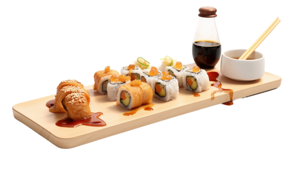 A wooden tray filled with a delectable assortment of sushi and accompanied by a glass of wine. on White or PNG Transparent Background.