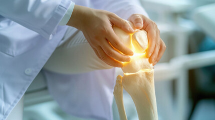 Close-up of female doctor examining knee joint in clinic. Medical healthcare and orthopedics concept .