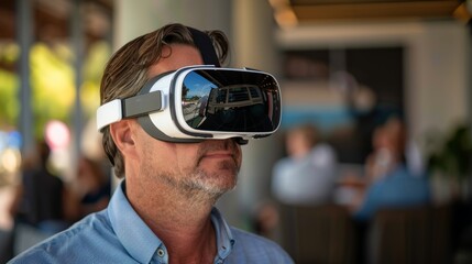 Young businessman using vr glasses in a startup office for online metaverse meeting
