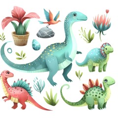 Seamless pattern with cute dinosaurs and rainbow on white background illustration