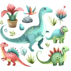 Fototapete Drache Seamless pattern with cute dinosaurs and rainbow on white background illustration