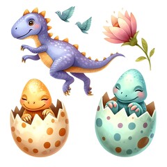Illustration of cute dinosaurs in eggshells on a white background