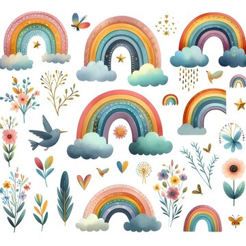 Set of cute cartoon rainbow, clouds, sun and flowers. Vector illustration.