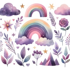 Cute rainbow, clouds, sun, stars, moon, rainbow and other elements. Vector illustration.