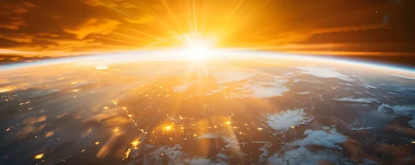 Foto op Plexiglas Golden sunrise illuminates Earths curvature in breathtaking space view from orbit. Concept Spaceview photography, Golden sunrise, Breathtaking Earth curvature, Orbit view, Space landscape © Ян Заболотний
