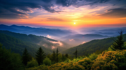 Breathtaking sunrise over misty mountains, embodying the serenity of AI Generative.