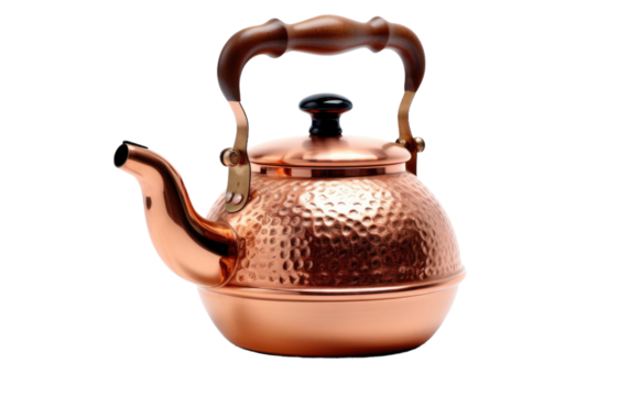 A copper tea kettle, featuring a sturdy wooden handle, sits on a stovetop ready to brew a hot beverage. on White or PNG Transparent Background.