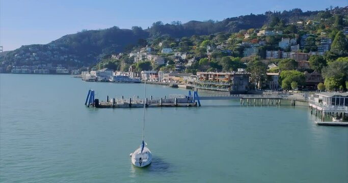 Aerial: Downtown waterfront of sausalito, Marin near San Francisco, California, USA.