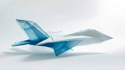Fototapeta na wymiar Minimalist blue origami airplane poised for an imaginative flight - AI Generative.