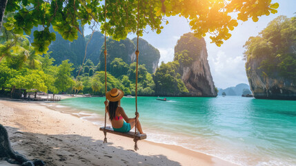 Woman sitting on a swing on a tropical beach in Krabi, Thailand - obrazy, fototapety, plakaty