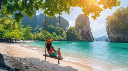 Poster Woman sitting on a swing on a tropical beach in Krabi, Thailand © Art AI Gallery