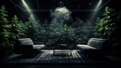 A resting place in a dim atmosphere, with white smoke and tons of marijuana around. - obrazy, fototapety, plakaty