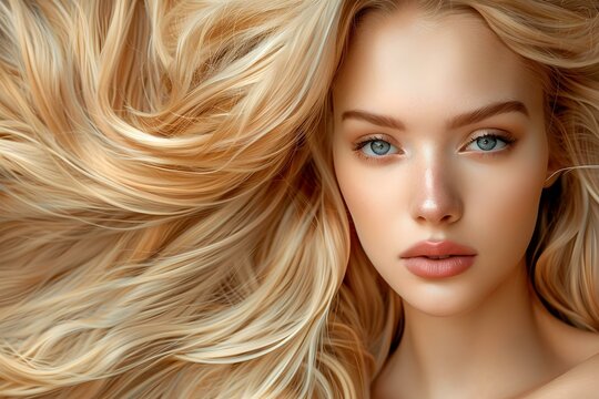 Closeup image of a stunning blonde woman with flowing locks. Concept Beauty Photography, Fashion Shoot, Hair Glamour, Closeup Portraits, Model Pose