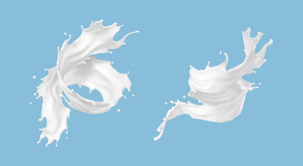 Twisted milk splashes isolated on blue background. Natural dairy product, yogurt or cream splash. Realistic Vector illustration
