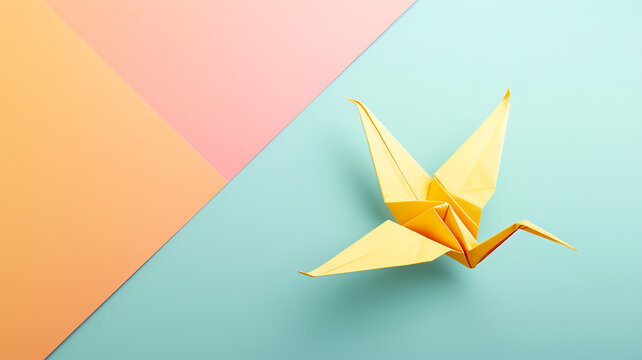 Elegant yellow origami crane on pastel shades AI Generative.