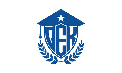 QEK three letter iconic academic logo design vector template. monogram, abstract, school, college, university, graduation cap symbol logo, shield, model, institute, educational, coaching canter, tech