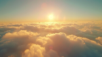 Fly Above Misty Clouds Sky Aerial View Of Beautiful Nature Sunny Spring Morning - obrazy, fototapety, plakaty