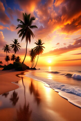 Palmeras en verano en una playa al atardecer. Preciosa playa con palmeras verdes con luz del atardecer. IA.