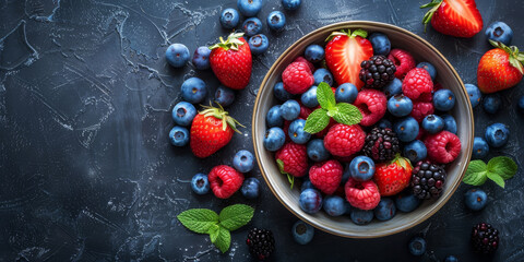 .Berry Medley on Dark Background.
Assortment of fresh berries in a bowl, top view on dark surface.