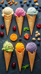 Ice cream cones with berries, nuts and fruits on black stone background.