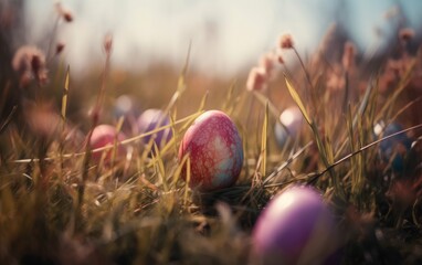 Easter background, hunt for decorated eggs in the garden