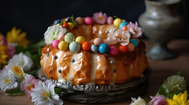 Traditional Slavic Orthodox pie for Easter, decorated with craffin