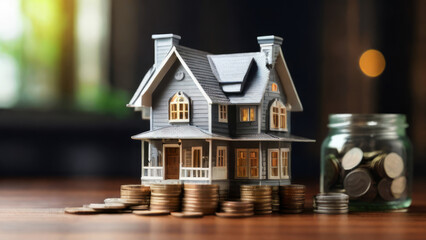 A mockup of a house with coins and paper money, the concept of investing in real estate and gaining wealth