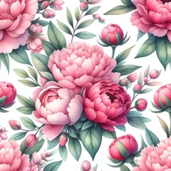 Seamless pattern with peony flowers and leaves. Vector illustration.