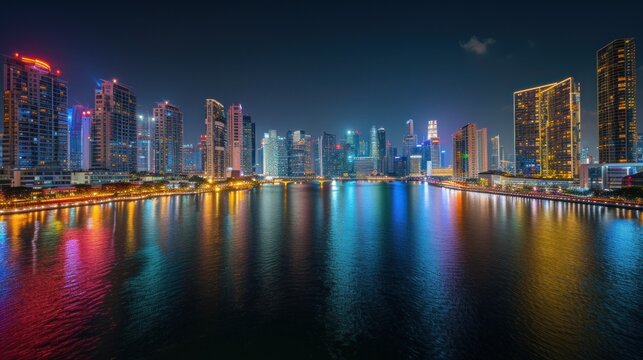 Nighttime cityscape with illuminated buildings mirrored in calm water.