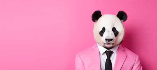 Panda in business attire posing as corporate professional in studio setting with copy space