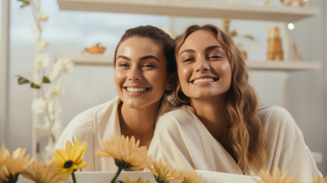 Two women smile at spa. Therapy, beauty and skincare treatment for wellness