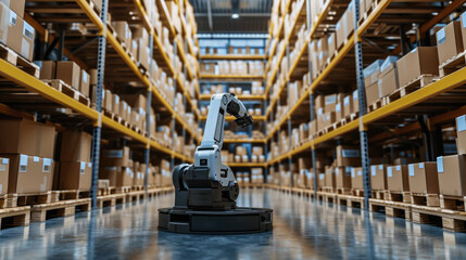 Smart robot arm system for innovative warehouse management. Concept of artificial intelligence for industrial revolution and automation manufacturing process .