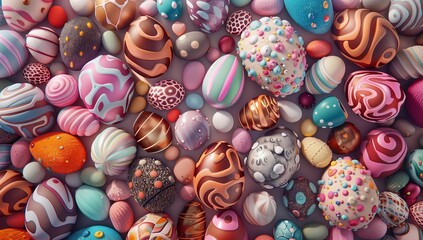 Fototapeta na wymiar Easter chocolate eggs, assorted sweets. Top view background or wallpaper