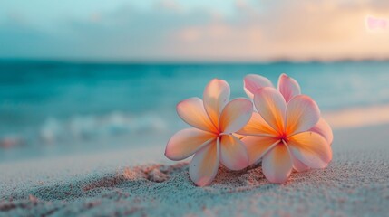 a clutch of beautiful tropical flowers on a beach