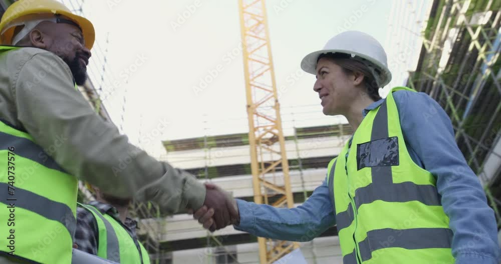 Aufkleber people, diversity and handshake with architect for construction, meeting or planning in teamwork on 