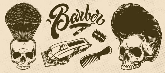 Barber shop monochrome set stickers