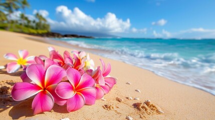 Fototapeta na wymiar a clutch of beautiful tropical flowers on a beach