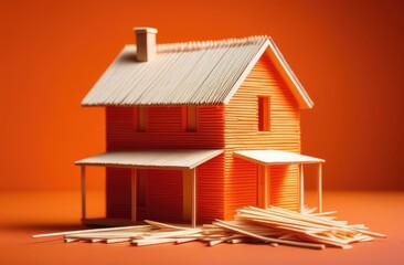 Wooden house made of matches, fire safety concept