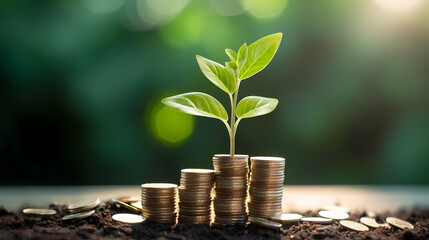 Coin background, a small plant can be seen sprouting from a pile of coins