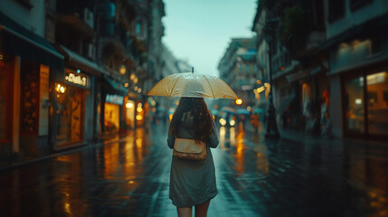 Obraz premium A girl walks down the street with an umbrella in rainy weather. Bokeh effect. AI generative