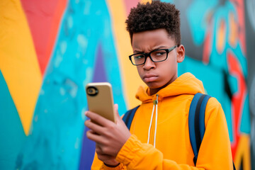 Gen z boy with his face saying no and holding a smart phone