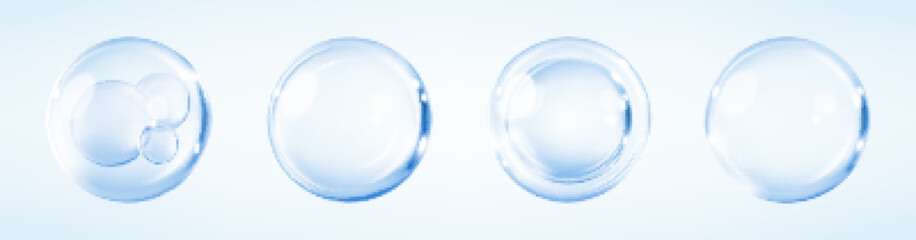 Collagen serum bubbles on blue background. Cosmetic essence. Concept skincare cosmetics solution. Vector realistic illustration