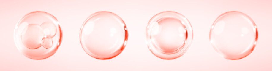 Collagen serum bubbles on pink background. Cosmetic essence. Concept skincare cosmetics solution. Vector realistic illustration