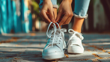 Close up of young woman tying shoelaces on her white sneakers .