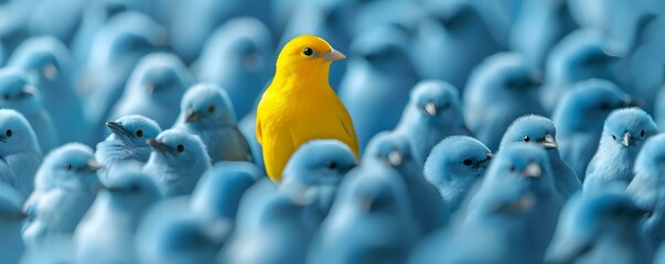 Unique yellow bird amongst blue birds represents individuality and standing out. Concept Wildlife Photography, Color Contrast, Individualism, Stand Out, Bird Watching - obrazy, fototapety, plakaty