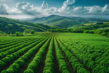 Fototapeta na wymiar Lush green crop rows lead to rolling hills under a cloudy sky