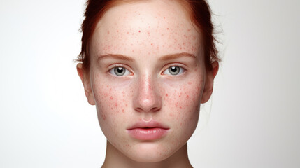 Beautiful young girl with red hair, freckles and problematic skin with redness. - obrazy, fototapety, plakaty