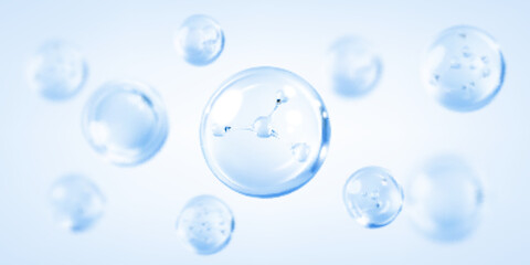 Molecule inside bubble on blue background. Blue collagen serum drops. Concept skin care cosmetics solution. Vector illustration