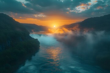 Waterfall and river in sunset